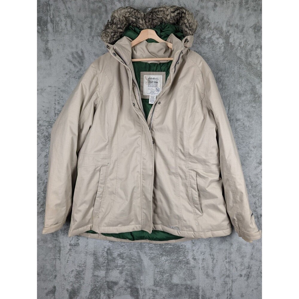 Eddie Bauer Premium Goose Down WinterEdge Jacket Men's XXL Hooded Full ZIP Beige